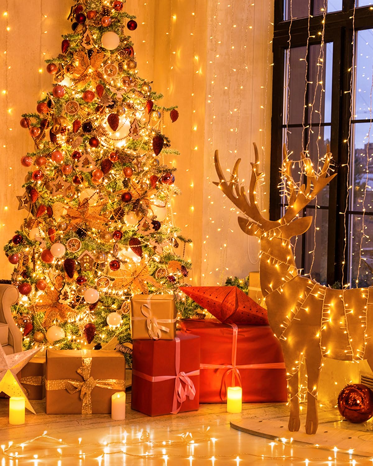 JIXXULVU 355FT 900LED Christmas Lights, Extra Long Outdoor String Lights Waterproof, Timer & Memory, 8 Modes Dimmable Plug in Fairy for Classroom Outside Tree Wedding Patry Warm White