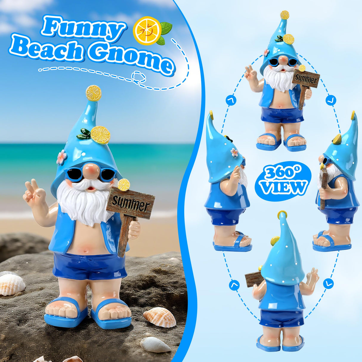 Wiresusan Outdoor Summer Gnomes Statue Beach Gnome Garden Decor for Outside, Beach, Yard, Lawn Ocean Sea Theme Home Decorations for Table, Shelf, Blue Gnome Figurine Funny Elf Gifts for Women