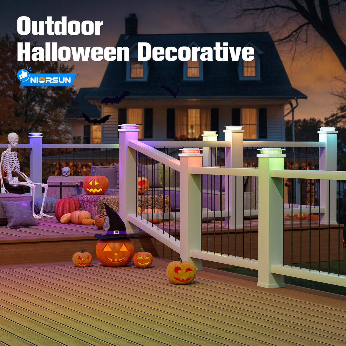 NIORSUN Solar Post Cap Lights Outdoor Waterproof, 4x4 Post Solar Lights RGB Color Changing, Fence Posts Solars Light for Deck Patio Garden Deco, 4x4 Posts Caps Wood Vinyl, 5x5 Vinyl, 12 Pack (White)