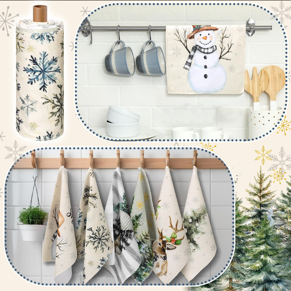 Mindsoft 36 Pcs Christmas Reusable Paper Towels Rolls Washable Bulk Winter Christmas Tree Reindeer Kitchen Dish Towels Paperless Reusable Cloth Cotton Napkins with Cardboard for Kitchen Home Bathroom