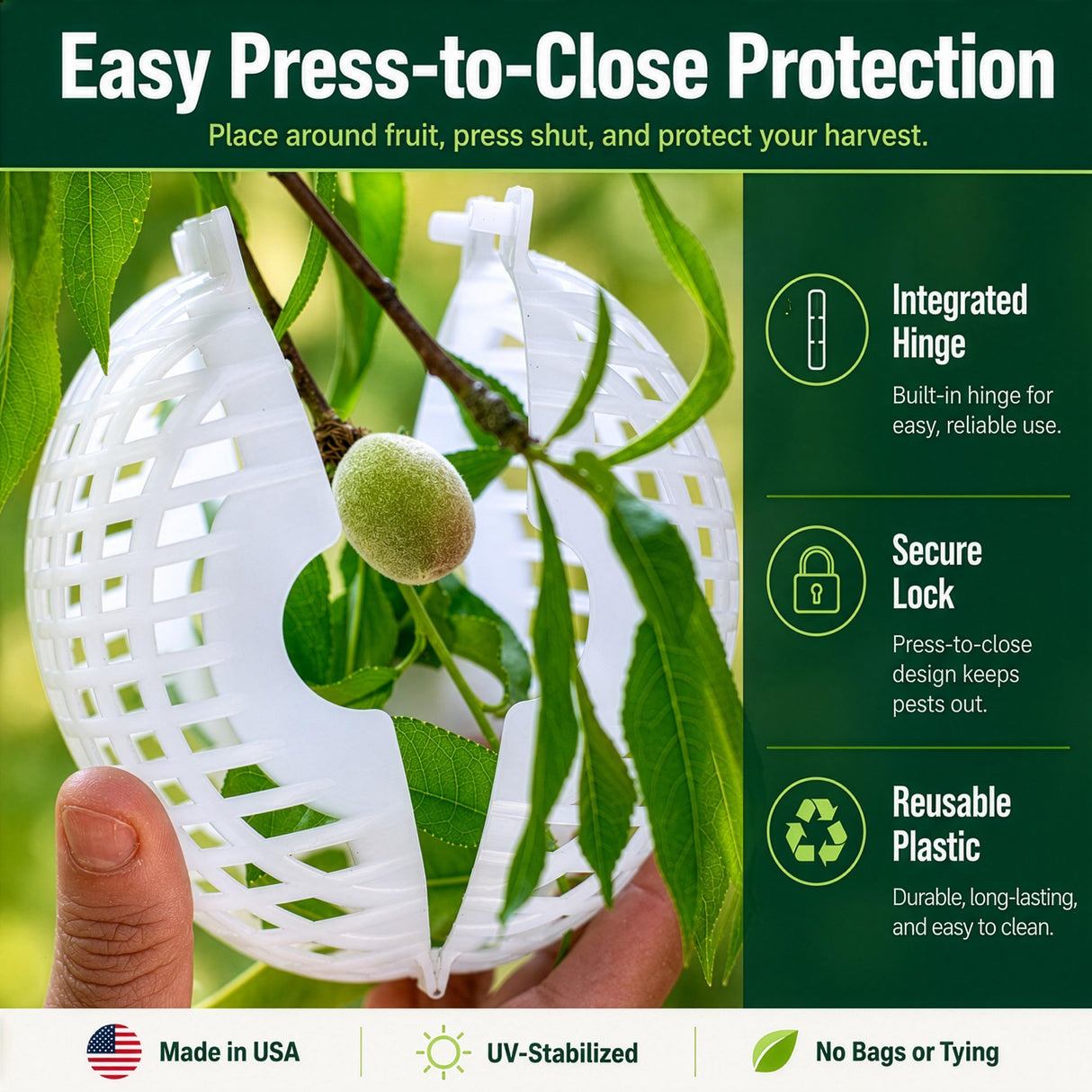 Rooted Promise Fruit Protection Cages for Peaches and More | 2026 Improved Secure-Lock Design | Small 4x5 Inch | 12 Pack | Squirrel Resistant | Reusable Heavy-Duty Plastic | Made in USA