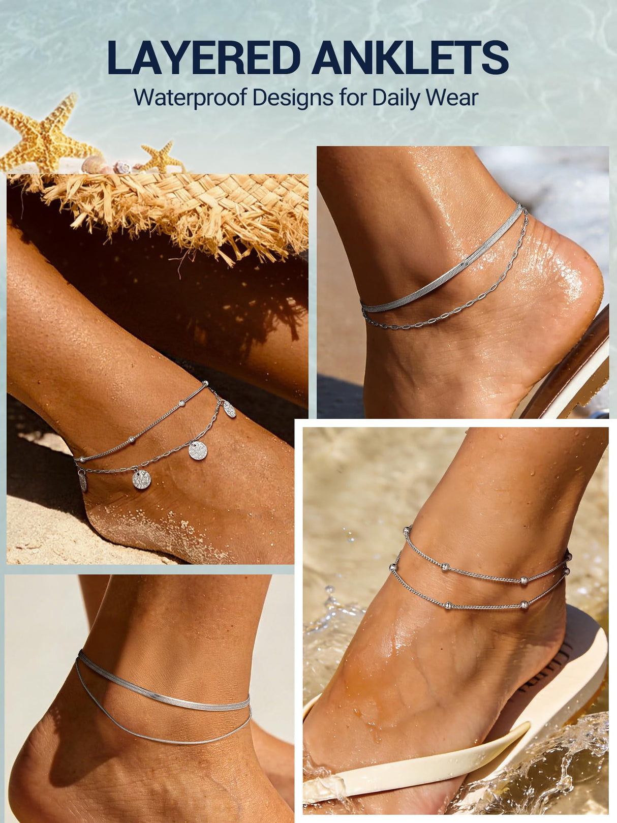 PROSTEEL Ankle Bracelets for Women Waterproof, Layered Snake Stainless Steel Summer Beach anklets, Silver 8-10.5 Inch Adjustable, Come with Box