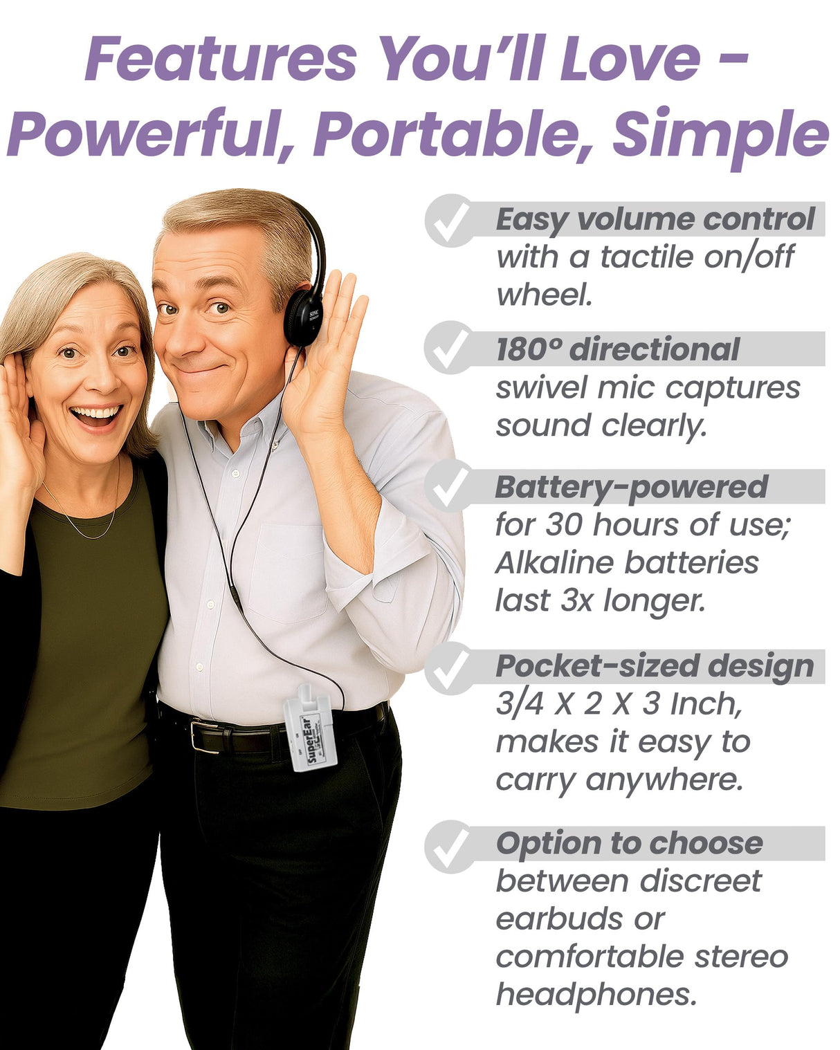 SuperEar Personal Sound Amplifier Model SE5000 (PSAP), 50dB Gain, Hand Held Pocket Size Audio Amplifier with Headphones, EarBuds, Tactile On/Off Volume Control for Adults, Audiologists, and Seniors
