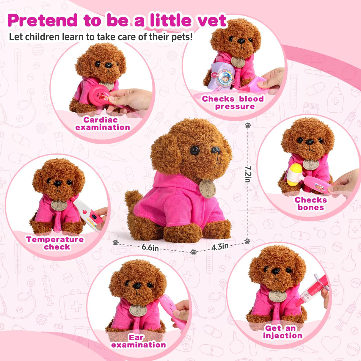 Doctor Kit for Toddlers 3-5 Girl Toys Christmas Birthday Gift for 2 3 4 Year Old Girls Kids Doctors Play Set with Plush Dog, Toy Stethoscope & Carrying Bag for Veterinarian Pretend Play (Pink)