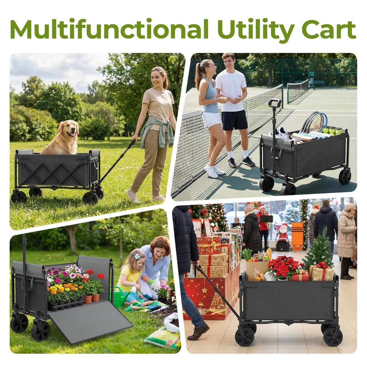 Aimnny Wagons Carts Foldable, Lightweight Collapsible Utility Wagon-220LBS Capacity One-Side Full Zipper, Side Load No Lifting for Light Camping, Grocery, Shopping, Sports & Apartment Moving (Black)