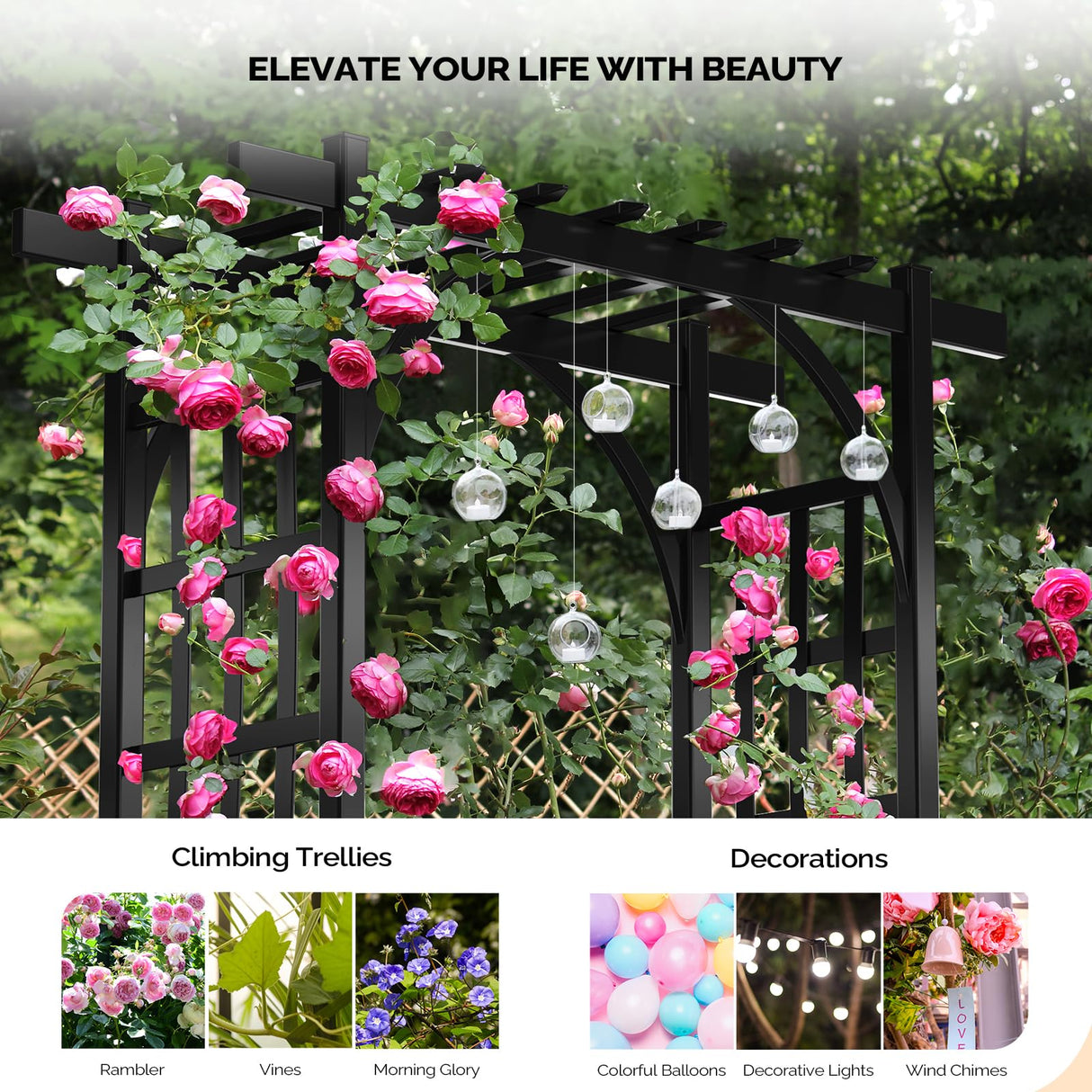 VINGLI Garden Arbor, PVC Wedding Arch for Ceremony Party, Garden Trellis for Climbing Plants Outdoor, Arch Backdrop Stand for Garden, Backyard, Wedding, Lawn (Black)