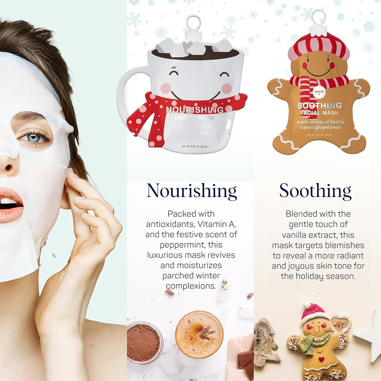 SpaLife Holiday Treats Facial Masks 12-Pack Assorted - Festive Christmas Skincare for Hydration and Refreshment - Gingerbread, Sundae, Cocoa & Eggnog