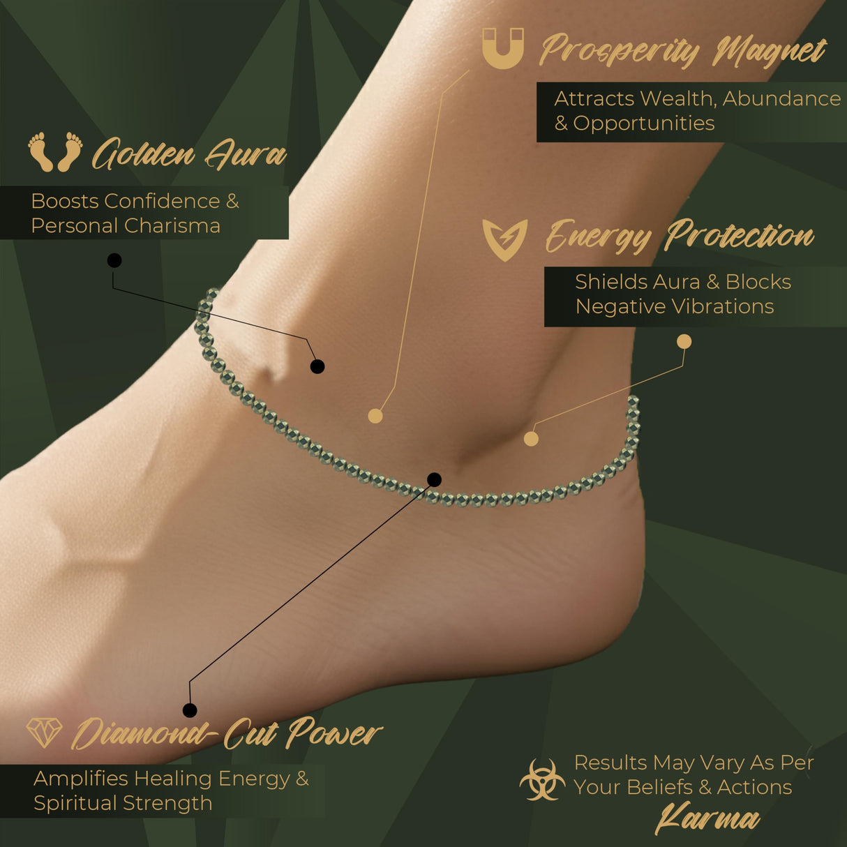 ORBON Original Certified Raw Pyrite Anklet for Women | Natural Raw Pyrite Crystal Ankle Bracelet for Wealth & Abundance | Genuine Stone, Adjustable Fit, Astrologer Recommended | Success Energy with Activation Card & Authenticity Certificate (2 MM BEADS)
