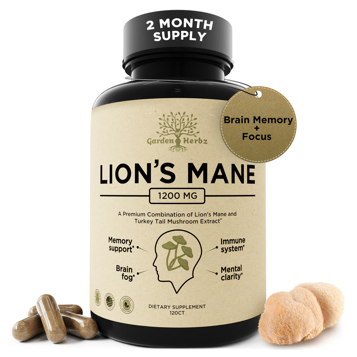 Garden of Herbz Lion’s Mane Mushroom Supplement Capsules with Turkey Tail – Mushroom Extract Blend, Non-GMO, 1200 mg per Serving, 120 Capsules