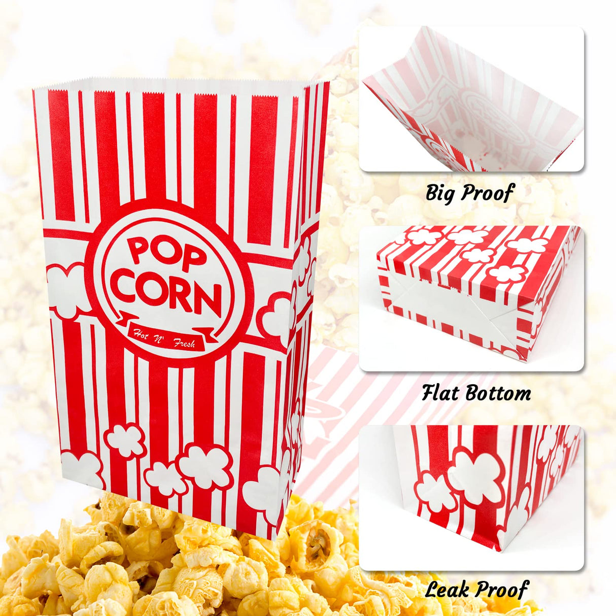 YESMONA 100 Pcs Flat Bottom Popcorn Bags, 2 oz Paper Popcorn Bags for Family Movie Night Baseball Themed Carnival Christmas Birthday Party