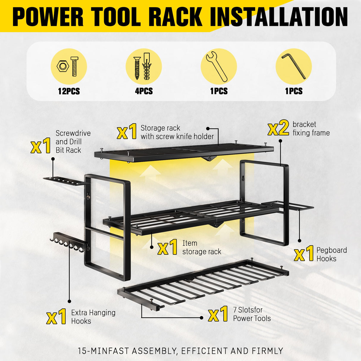 Hipidian Power Tool Organizer Wall Mount- 300lb Capacity 3-Tier Storage Rack with 7 Drill Holders for Garage Tools, Best Birthday Tools Gifts for Men Dad Husband