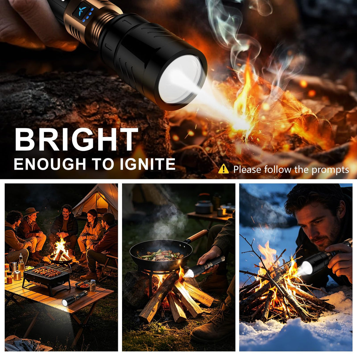 SKYFIRE LED Flashlights High Lumens with Ignition Lens,3000lm Super Bright Rechargeable Flashlight,Zoomable,4 Modes,Waterproof Tactical Flash Light for Camping Essentials,Outdoor and Home,Gift