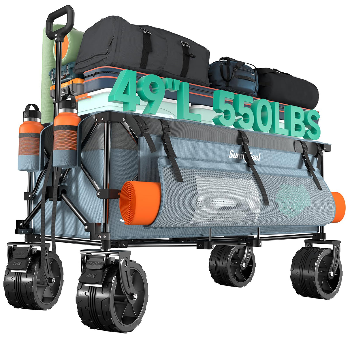 SUNNYFEEL 49" L Foldable Wagon Cart with Big Wheels - 550lbs Heavy Duty Extra Long Collapsible Shopping Cart - Utility Grocery Wagon for Garden Sports Camping Outdoor Activities (Blue)