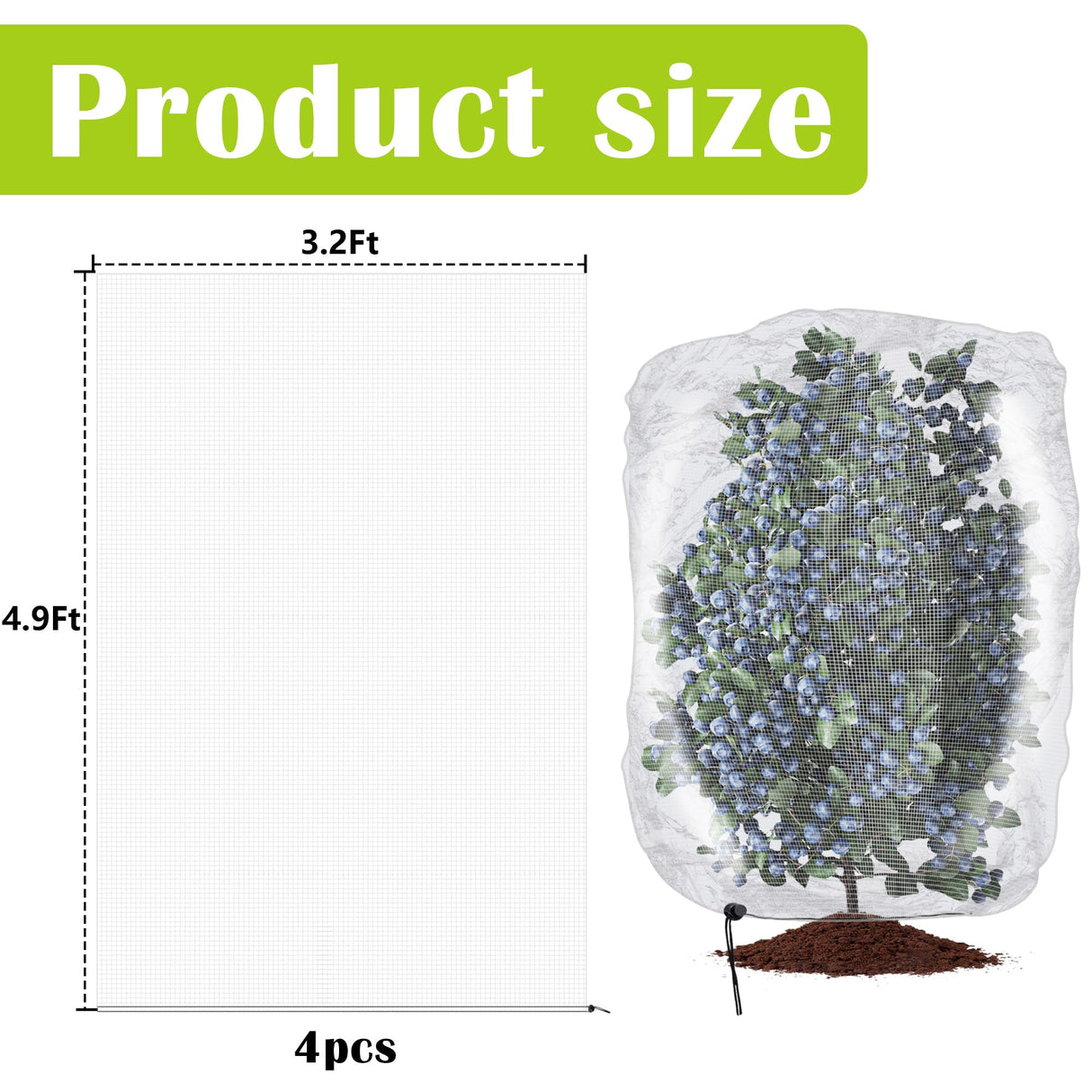4 Pcs Insect Bird Barrier Tree Net with Drawstring, 4.9 x 3.2 Ft Garden Bird Netting Plant Cover, Fruit Tree Netting for Protect Plants Fruits Flowers from Insect Bird Eating