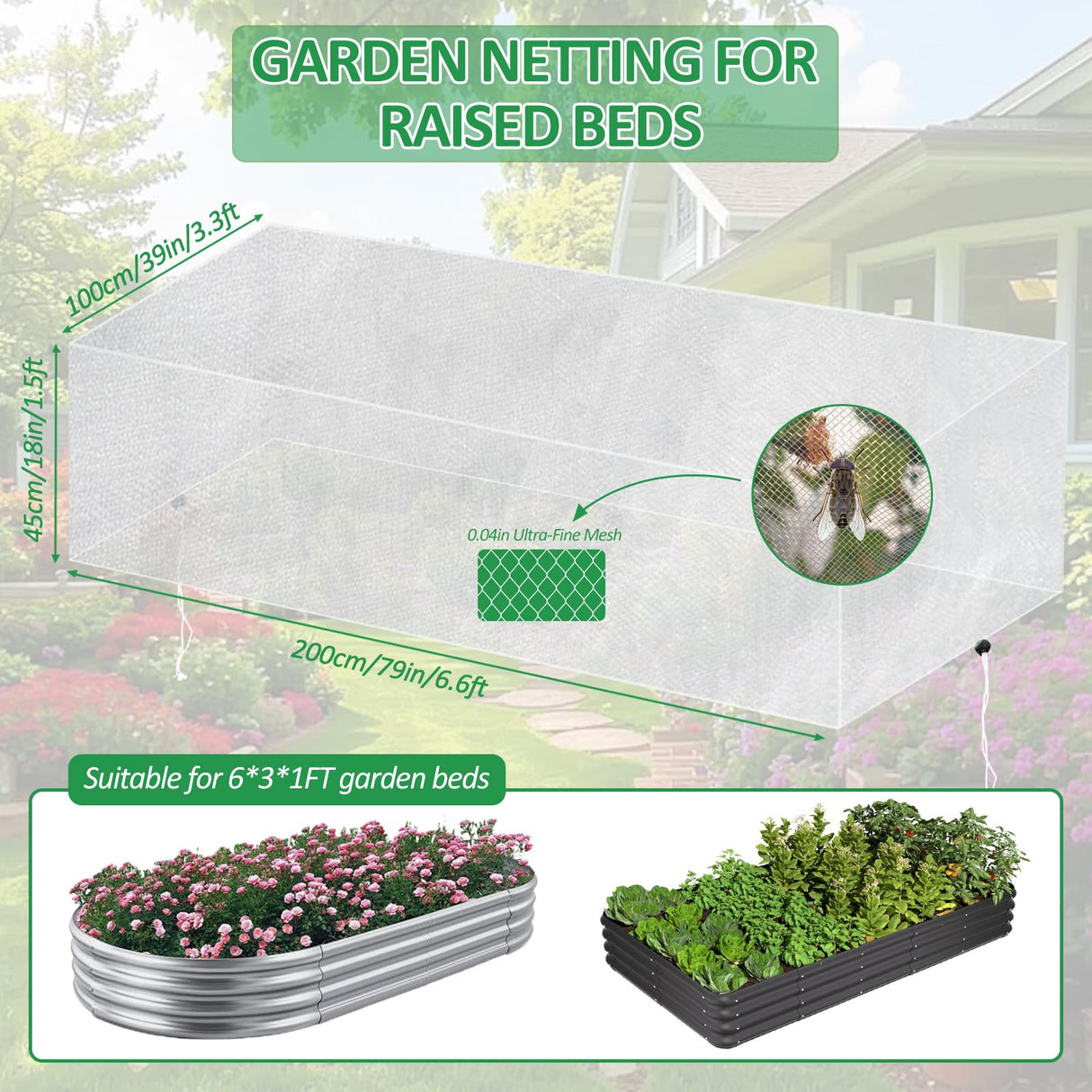 Sunwinx 2 Pack Garden Netting for Raised Beds, 6x3FT Raised Bed Cover for Garden Protection, Ultra Fine Mesh Bird Netting Pest Barrier Screen with Drawstring for Protecting Vegetables Fruits Flowers