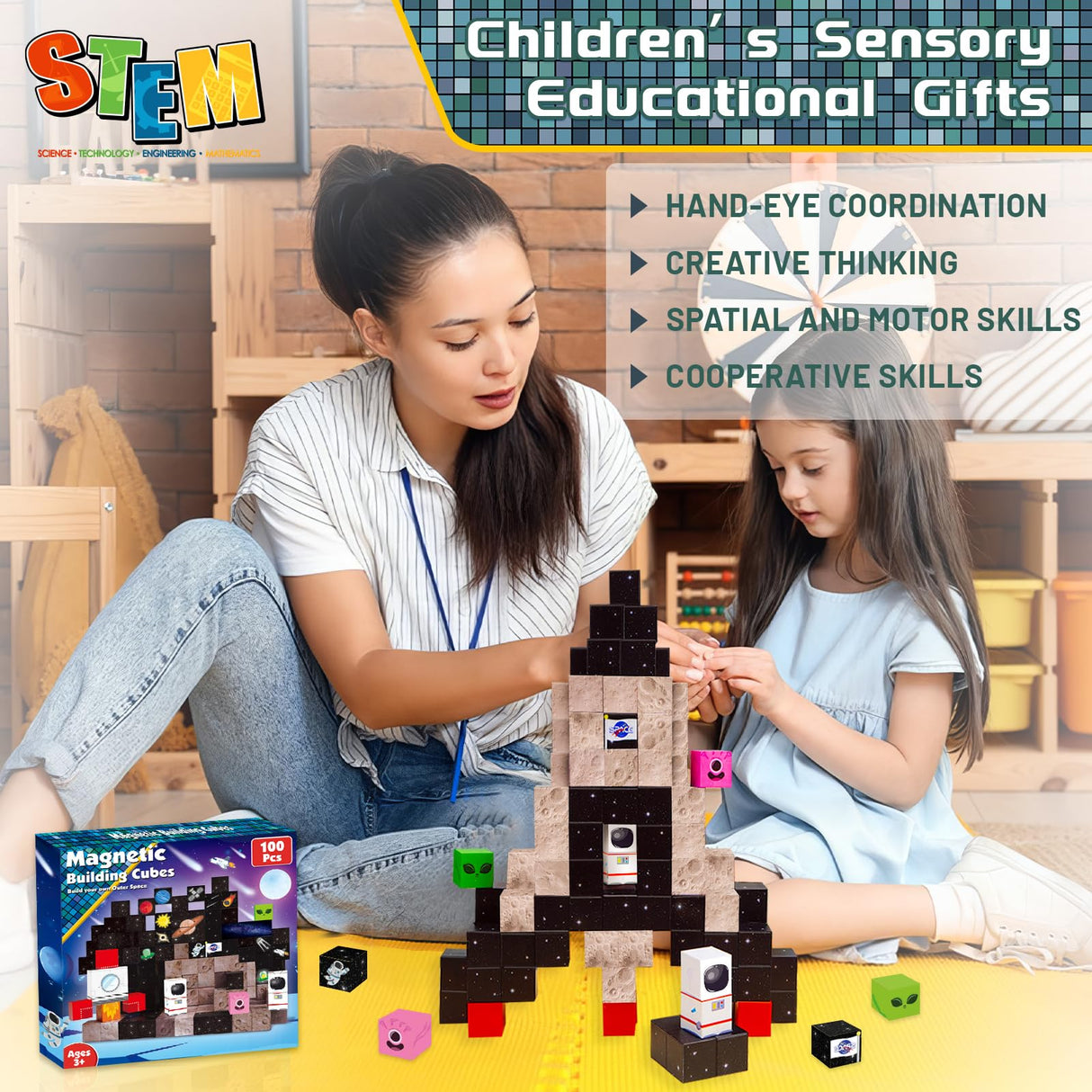 Goody King 100PCS Space Rocket Magnetic Building Blocks |Space Adventure Magnetic Tile Set, STEM Montessori Stacking Toy, Building Playsets for Boys and Girls Ages 3-10,Sensory Tile Christmas