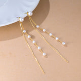 SLUYNZ Solid 925 Sterling Silver Simulated Shell Pearl Dangle Earrings Chain for Women Teen Girls Elegant Long Dangle Earrings Tassel Wedding Earrings Bridal (B-Gold Plated)