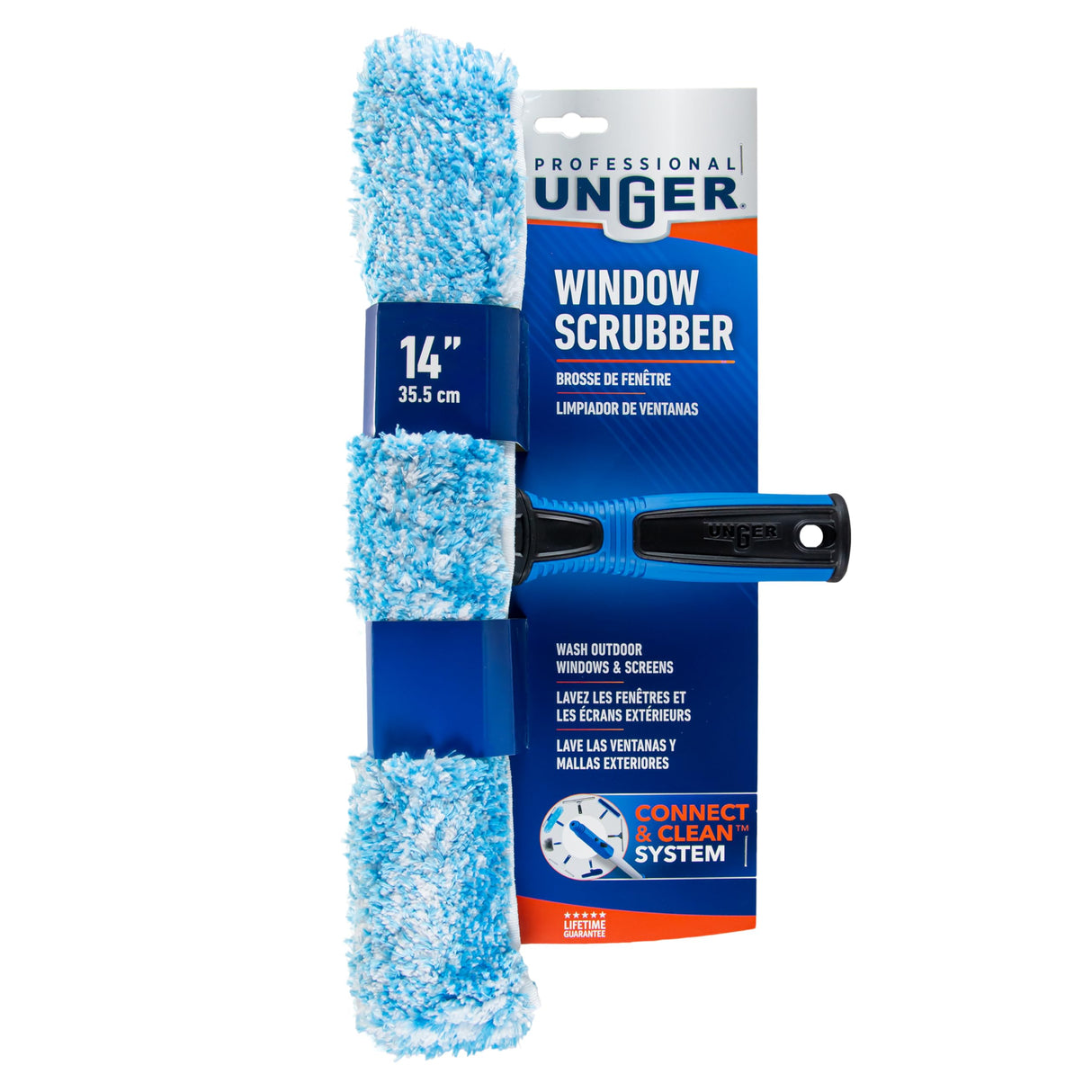 Unger Professional Connect and Clean 14" Window Scrubber Washer for Glass Cleaning, Commercial and Residential Washing, Multipurpose Tool, Gentle on Windows, Reusable Microfiber Sleeve