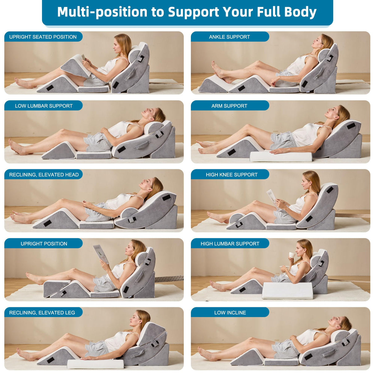 HABUTWAY 6Pcs Bed Wedge Pillow, Orthopedic Wedge Pillow for Sleeping with Memory Foam, Wedge Pillow for Back Pain Relief, Triangle Adjustable Support Pillow with Machine Washable Cover