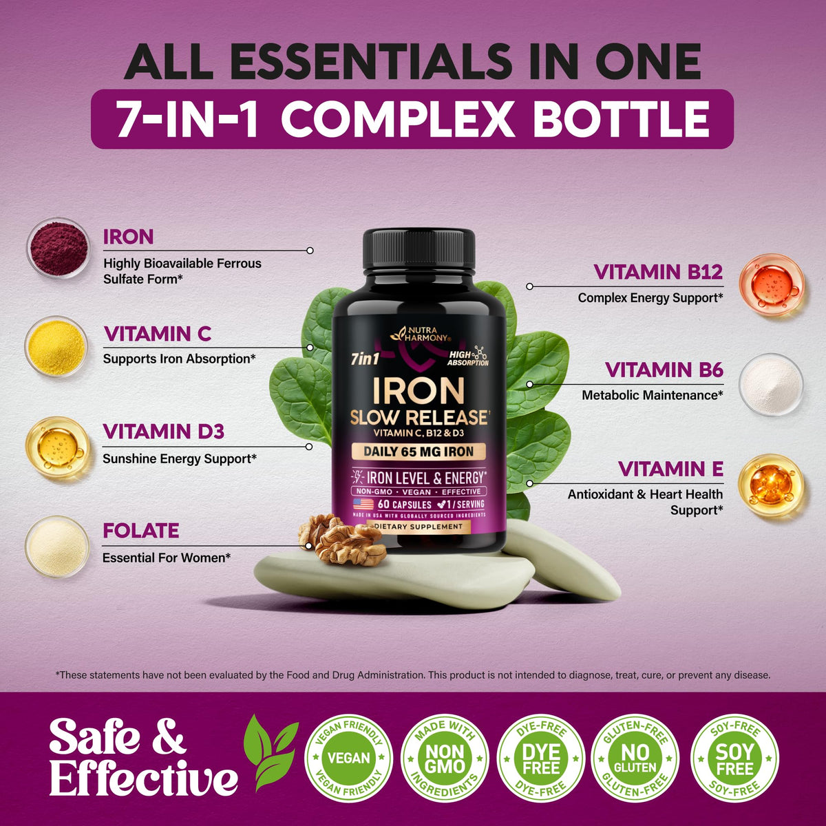 Iron Supplement for Women - Iron 65mg (Ferrous Sulfate 325mg) - 60 Caps
