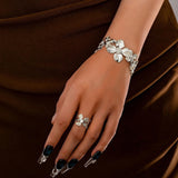 YWMAN Silver Flower Cuff Bracelet, Metallic Floral Chunky Bracelet for Women (Flower 1)