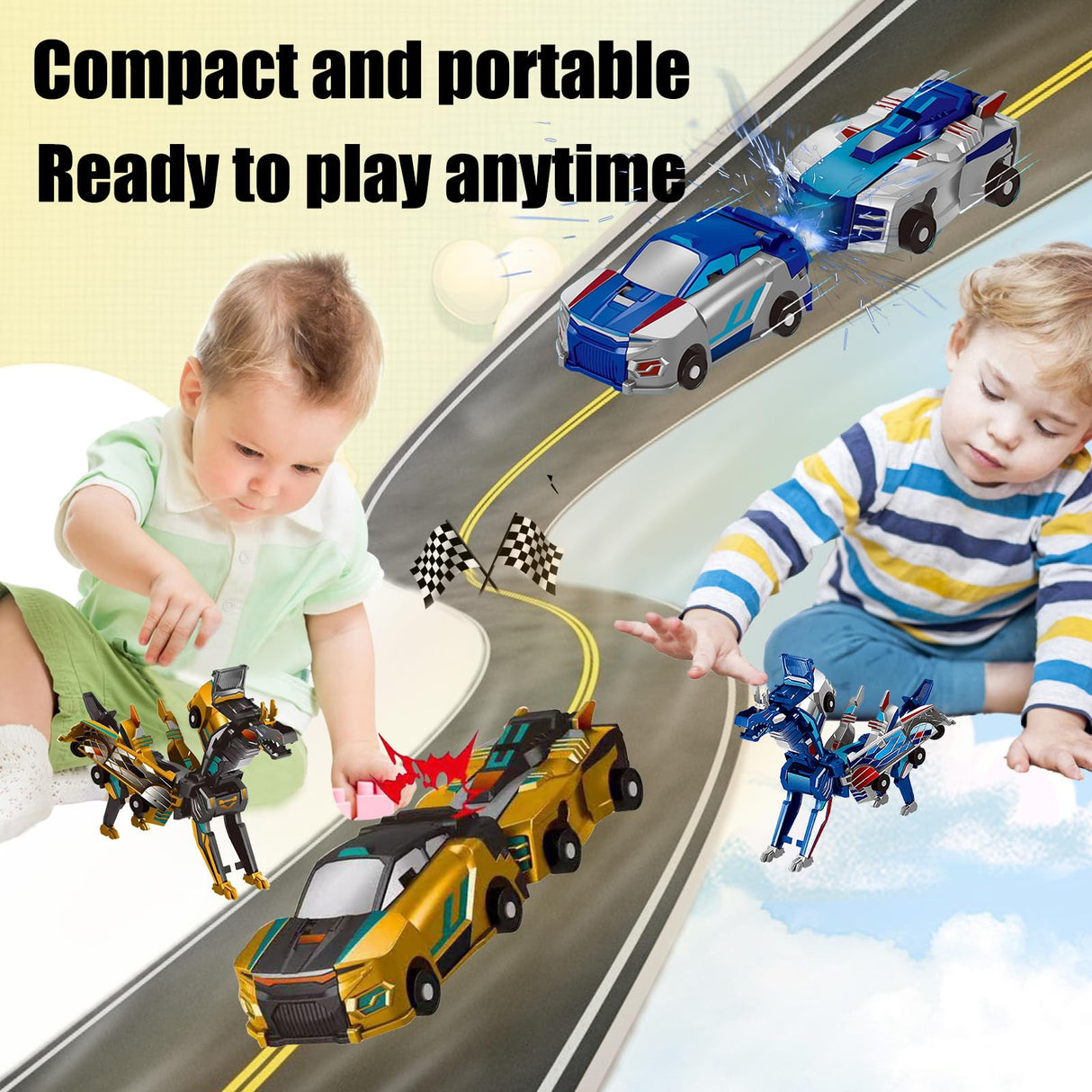 Transforming Dinosaur Toys, 2 in 1 Magnetic Cars Collision Transform into Dino Toys, for Boys Girls Toy Age 2-12, Christmas Birthday Gift (Gold Blue)