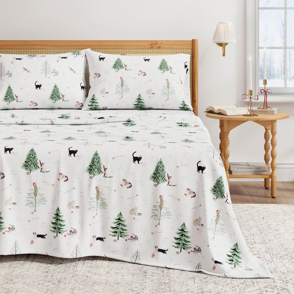 Great Bay Home Christmas Flannel Sheet Set Queen Size - 100% Turkish Cotton, Double-Brushed, Winter Bed Sheets - Ultra-Soft, Cozy, 4-Piece Holiday Bedding Set (Winter Cats)