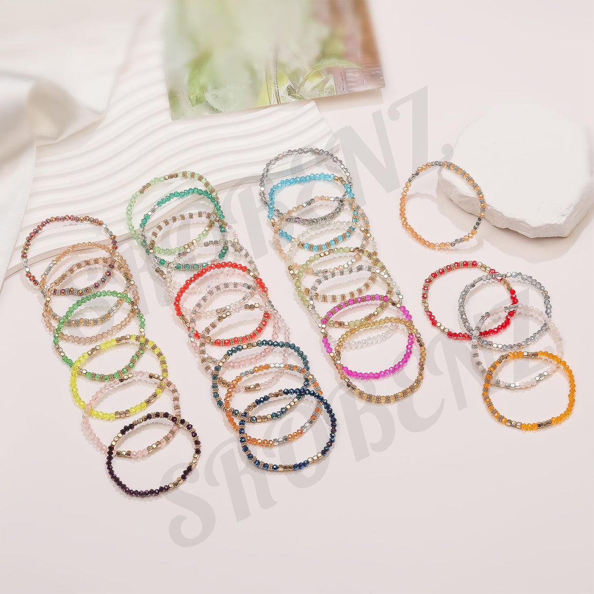 SROBENZ 30Pcs Boho Beaded Bracelets for Women Colorful Stackable Sparkly Crystal Beads Bracelets Multi-Layer Versatile Statement Stretch Cuff Jewelry Gifts