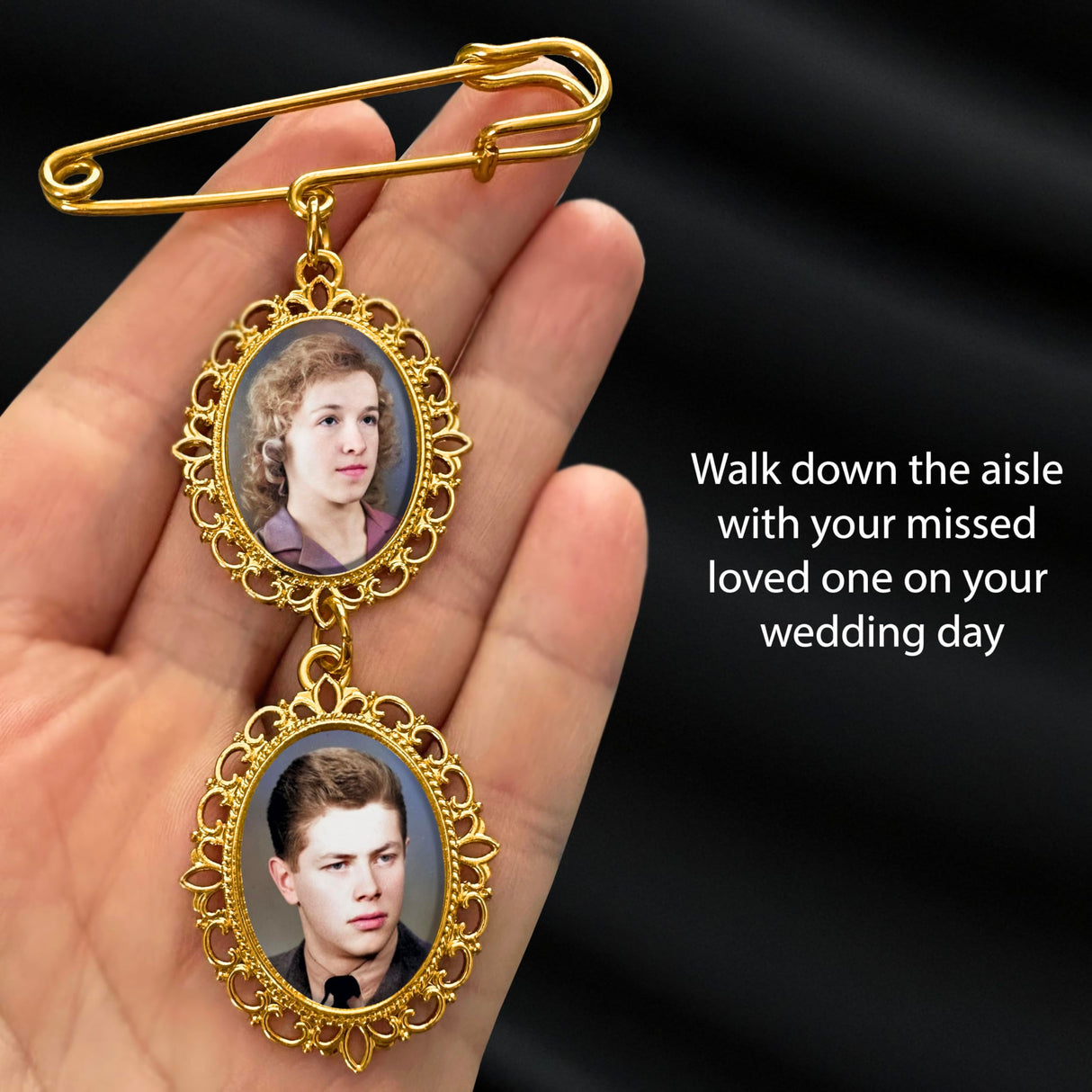 Wedding Bouquet Memorial Remembrance Photo Charm Gold Holds 2 Pictures