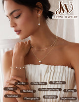 JeryWe Gold Jewelry Set for Women Dainty 14K Gold Plated Layered Pearl Choker Necklace and Drop Earrings Set Adjustable Bracelets Pearl Choker Necklace Wedding Jewelry Sets for Brides