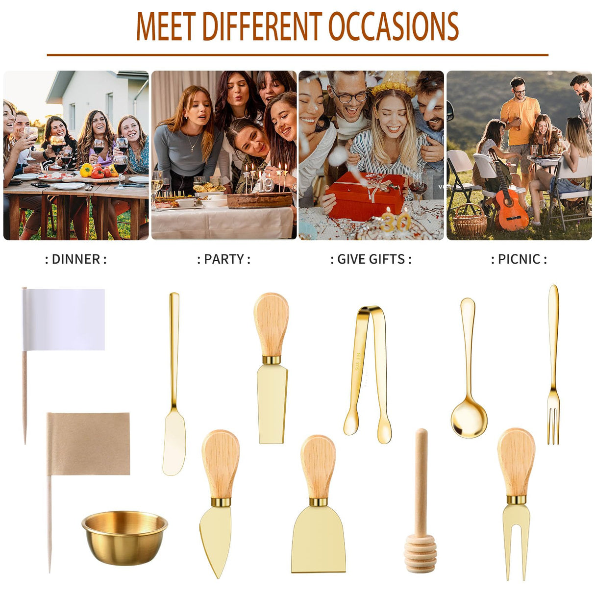 48 Pcs Charcuterie Boards Accessories Butter Spreader Knives Set Stainless Steel Cheese Mini Serving Tongs Spoons Forks Dipping Bowls Toothpick Flags Utensils for Pastry Making Wedding Christmas(Gold)