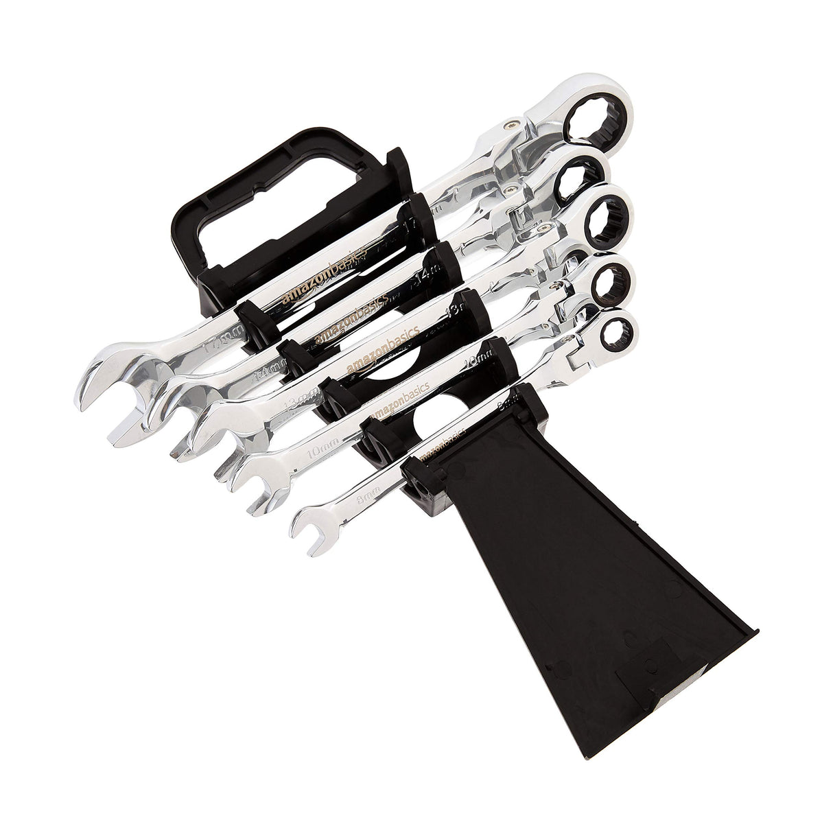 Amazon Basics 72-Tooth Ratcheting Combination Wrench Set, Chrome Vanadium Steel Flex Head, 5-Piece Metric, 180° Flexible