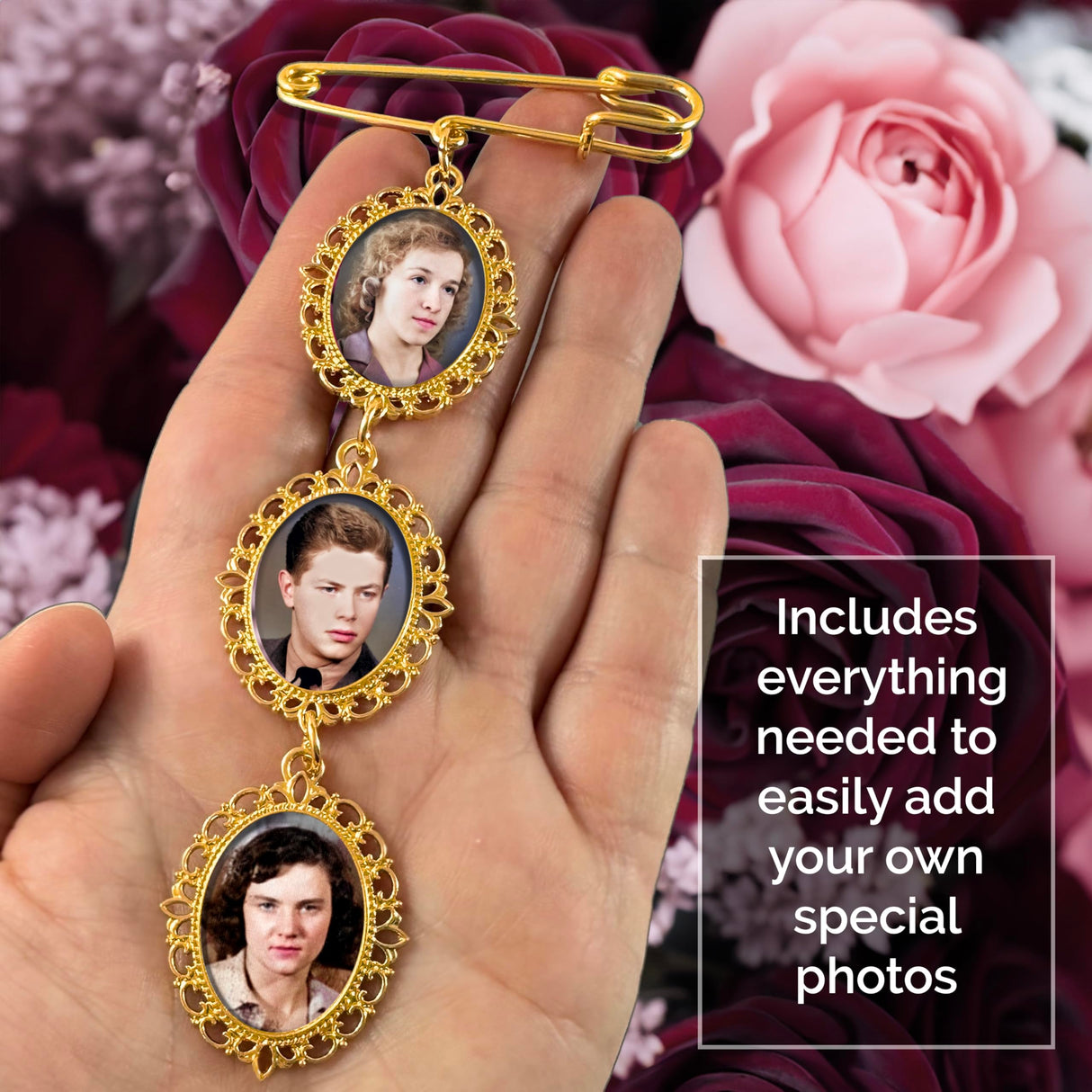 Wedding Bouquet Memorial Remembrance Photo Charm Gold Holds 3 Pictures