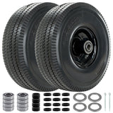 4.10/3.50-4 Tire and Wheel, 10" Solid Tires with 5/8” Bearing, Extra 3/4”&1/2” Bearings, 2.2” Offset Hub, Flat Free 4.10/3.50-4'' Wheels for Dollies, Hand Trucks, Tractors (2 Pack) (Black)