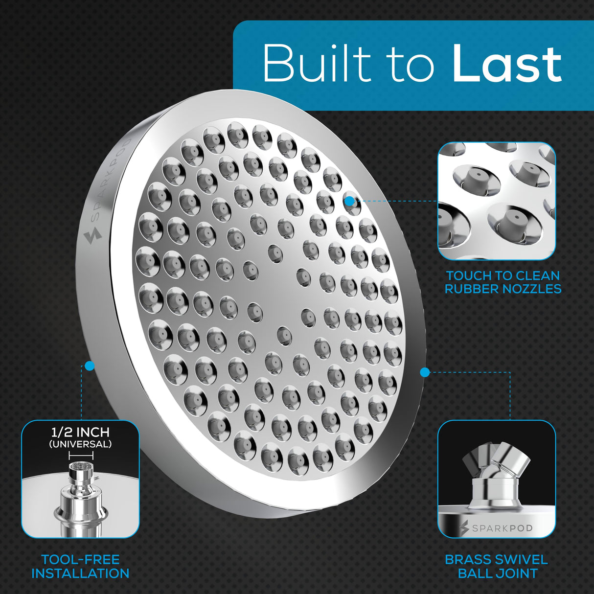 SparkPod Shower Head - High Pressure Rain - Premium Quality Luxury Design - Easy Clean Adjustable Replacement for Your Bathroom Shower Heads (Polished Chrome Finish, 6 Inch Round)