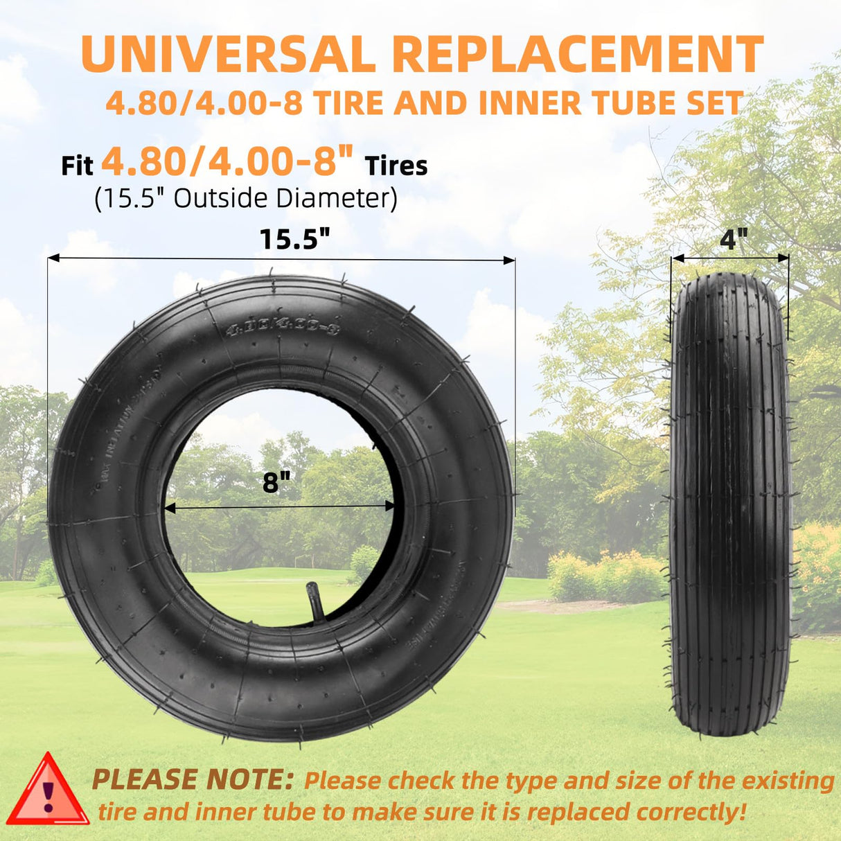 RRQ (1-Set) 4.80/4.00-8" Tire and Inner Tube Set, Fit 4.00-8 Pneumatic Tire