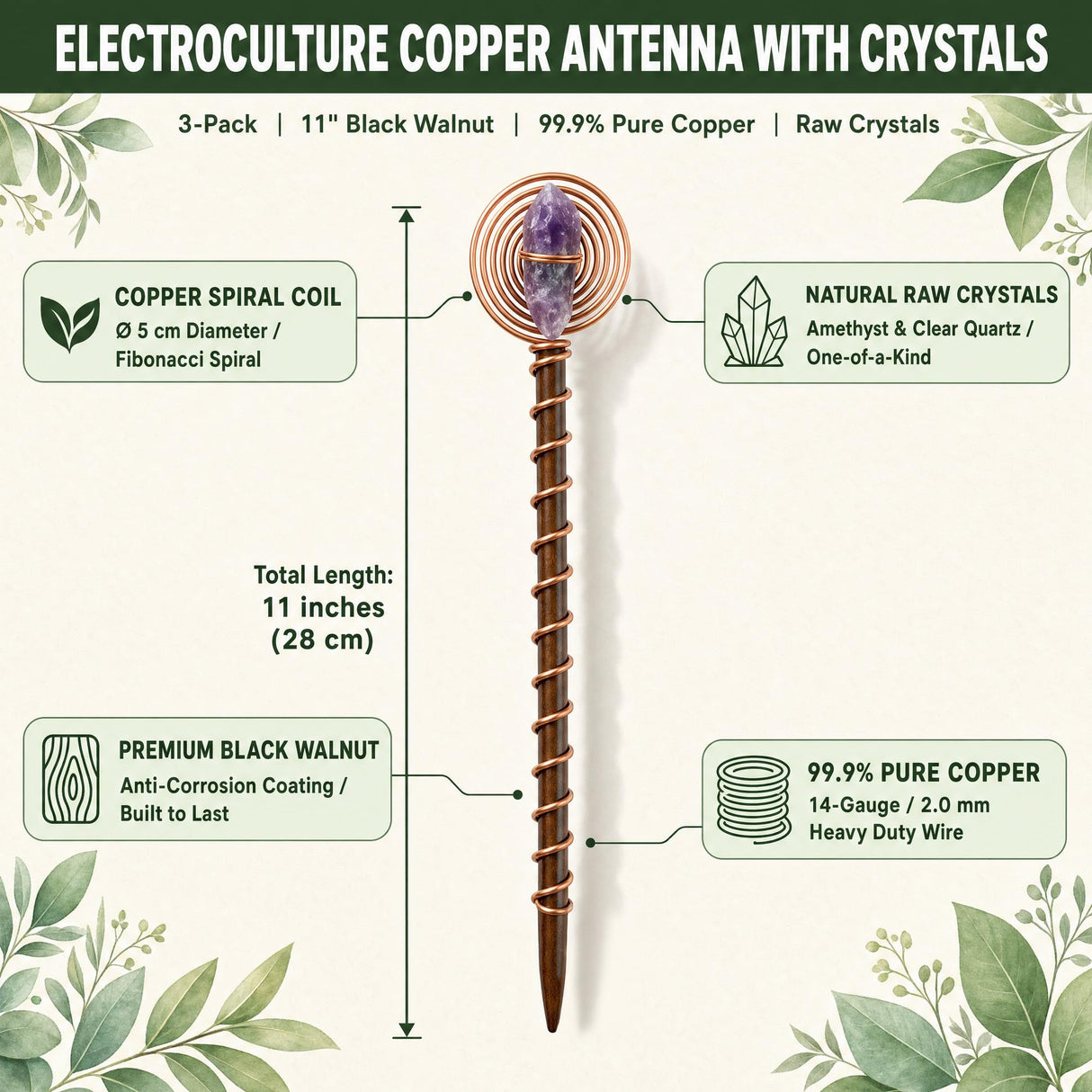3-Pack Electroculture Copper Gardening Antenna with Crystals, 11" Electroculture Plant Stakes, 2.0mm Thick Copper Garden Stakes with Walnut Rods, Amethyst for Planters, Raised Beds