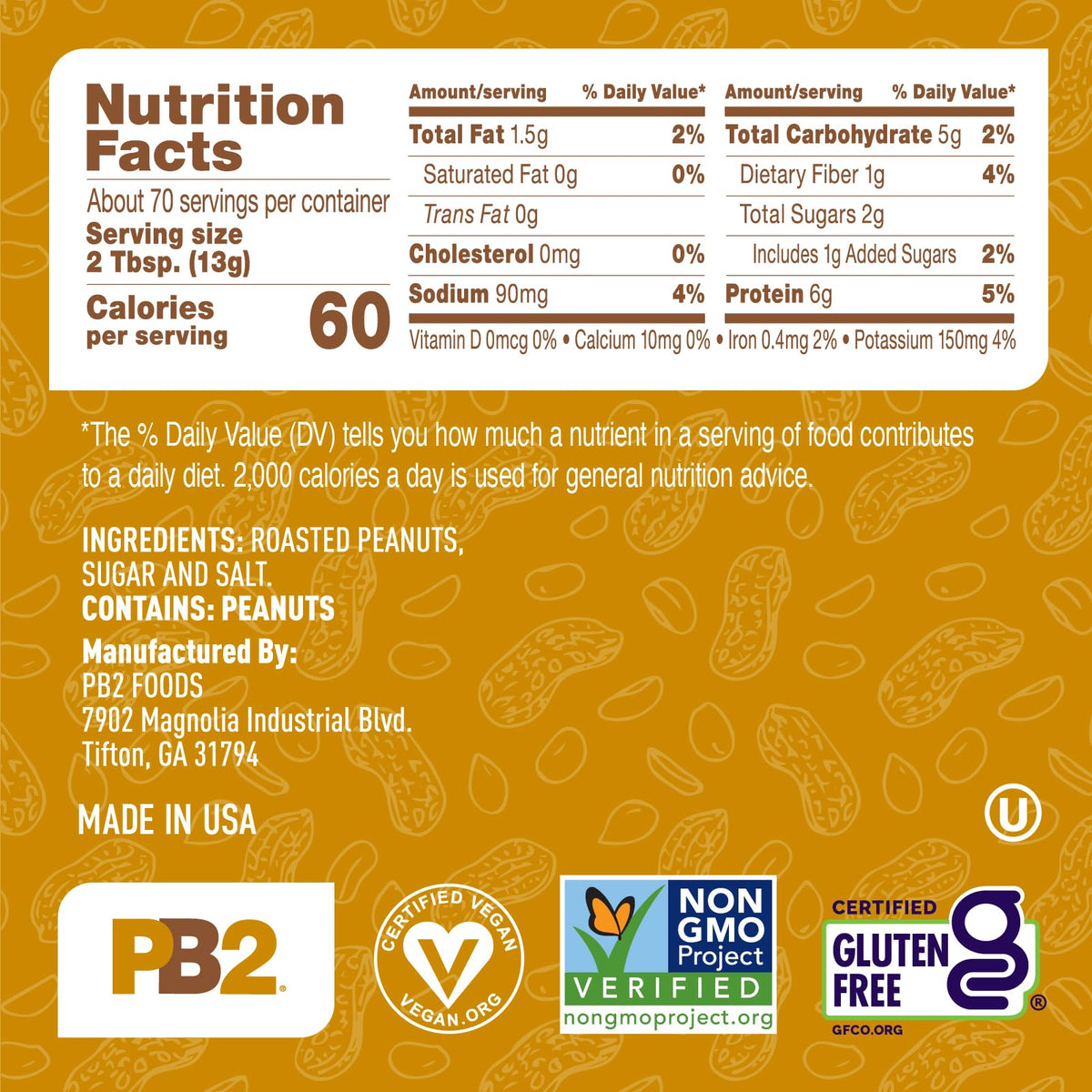 PB2 Original Powdered Peanut Butter - [32 Ounce Jar] 6g of Protein, 90% Less Fat, Certified Gluten Free, Only 60 Calories per Serving, Perfect for Protein Shakes, Smoothies, and Low-Carb, Keto Diets