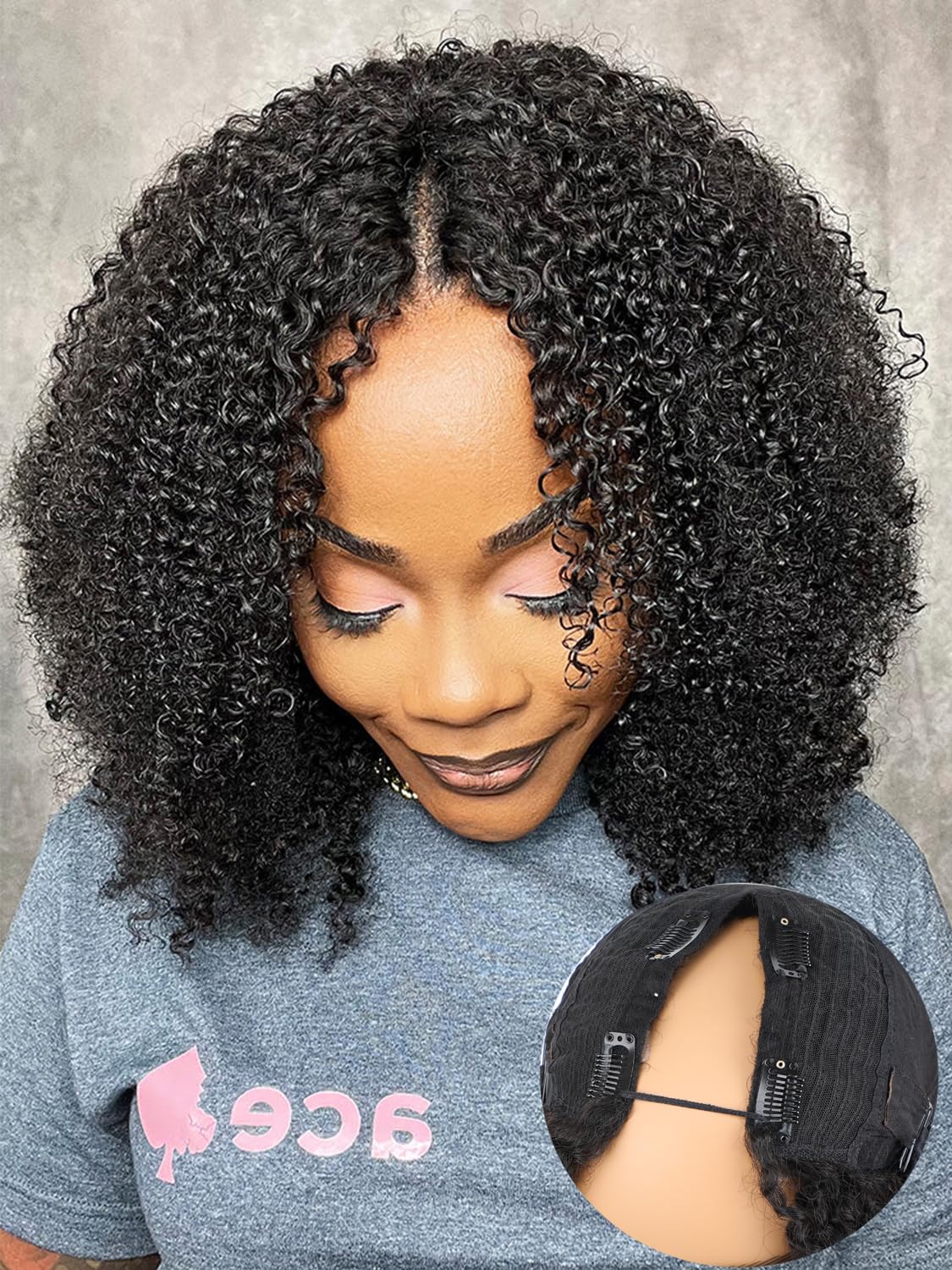 ISEE V Part Human Hair Afro Curly Minimal/No Leave Out Upgrade U Part Wig for Black Women Human Hair V Shape Wig Kinky Curly Thin Part Glueless Clip In Half Wig 180% Density Natural Color 18 Inch