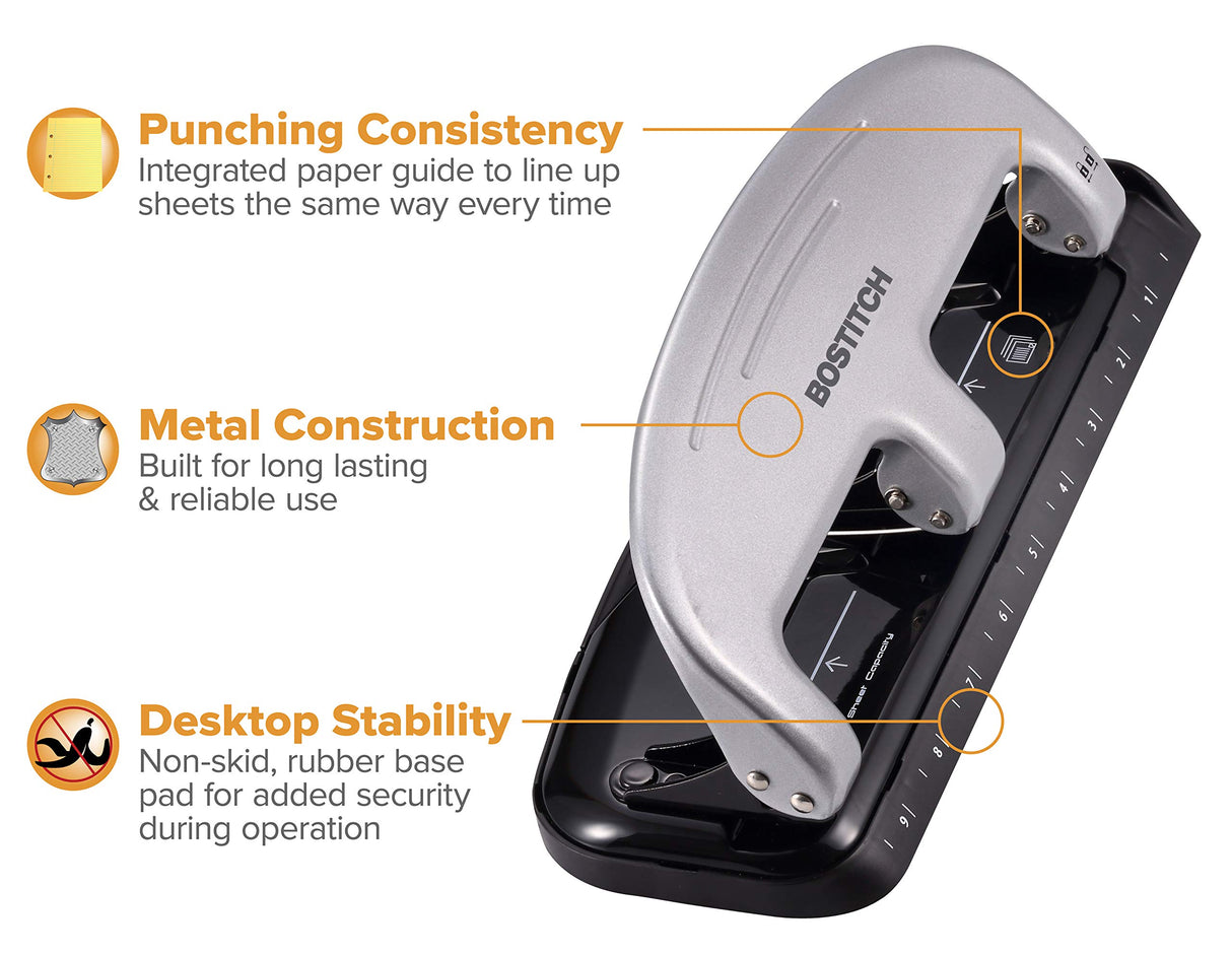 Bostitch Office EZ Squeeze 3-Hole Punch, 20 Sheet Capacity, Reduced Effort, No Jam Technology, Silver