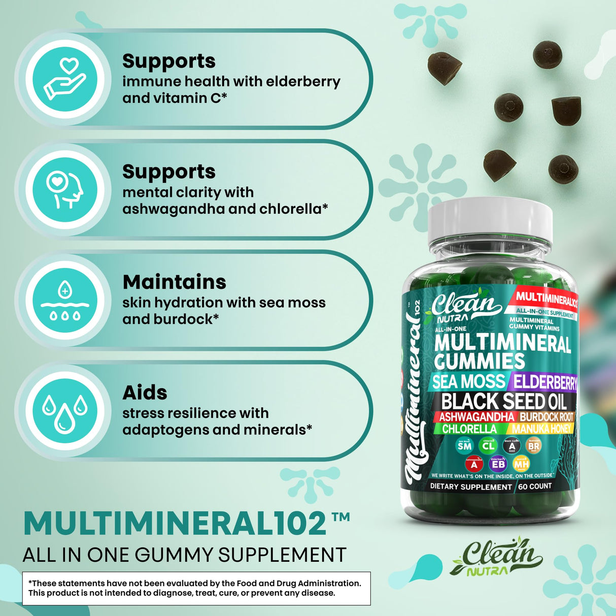 Sea Moss Gummies | Clinically Tested - Black Seed Oil Ashwagandha Elderberry Burdock Root Chlorella Manuka Honey - Vegan Irish Sea Moss Gummy Vitamins for Adults Kids Men Women - Green Apple Flavor