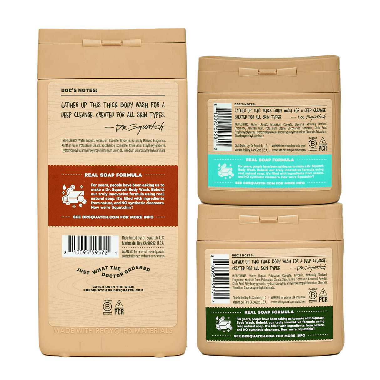 Dr. Squatch NEW Body Wash for Men with Nourishing, Natural Ingredients | No Paraben, Phthalate, Sulfate | Wood Barrel Bourbon (14 oz), Coconut Castaway & Pine Tar (8 oz, 2-Pack) & Body Scrubber