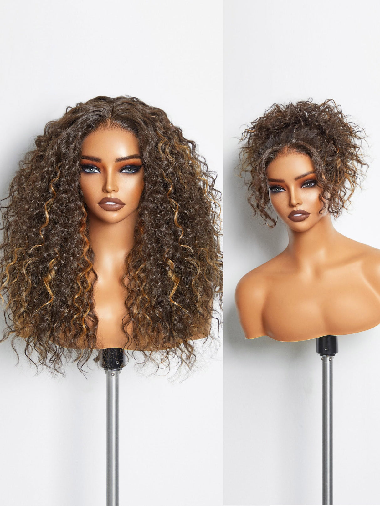 GORGIUS Curly Brown Wig Glueless Highlight Lace Front Wig Pre Plucked Middle Parted Synthetic Wig Upgraded with Premium Human-Hair-Like Fiber 20 Inch