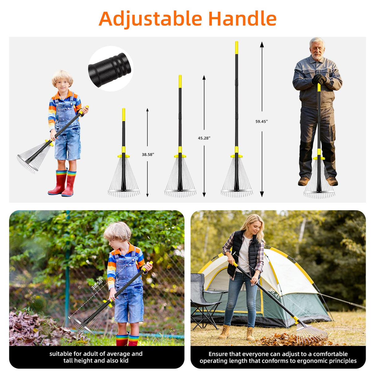 Byhargen Adjustable Metal Leaf Rake, Heavy Duty Garden Rake with Wide & Narrow Modes, Rustproof Steel Head, Adjustable Handle for Lawn Care, Yard Clean Up, and Mulch Spreading