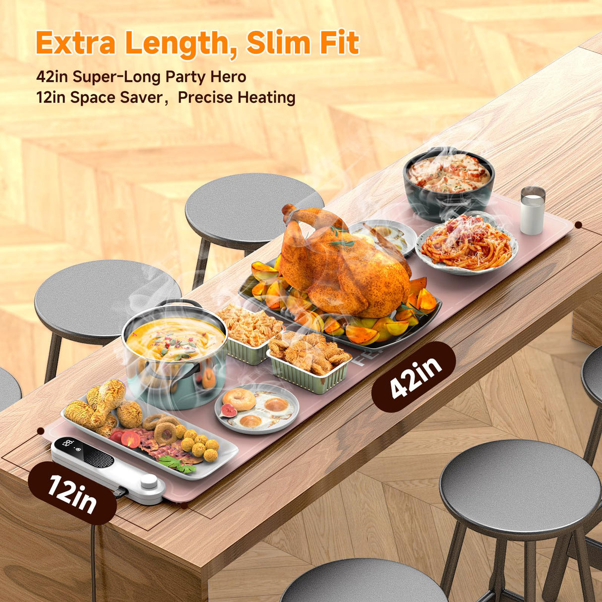 FEPPO Food Warmers for Parties Buffet, Upgrade Size 42"x12", Fast Full-Surface Heating Warming Mat for Food with 6-Hour Timer and 19-Level Customizable Temperature, Roll Up Electric Warming Tray
