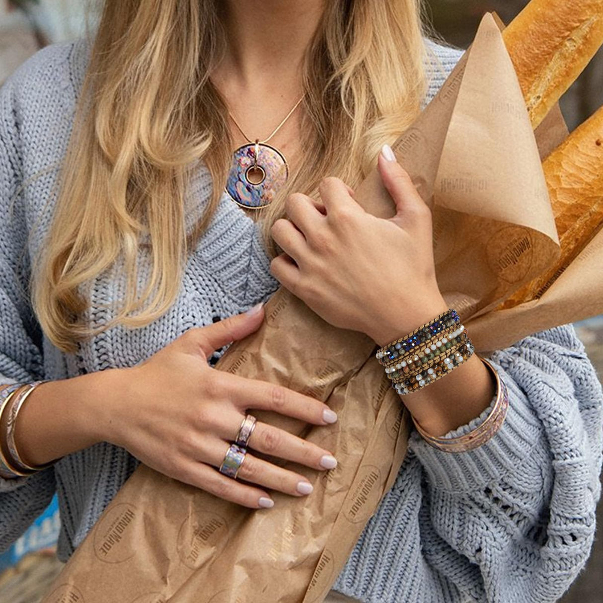 JR.DM Boho Beaded Bracelets for Women - Handmade Adjustable Crystal Natural Stone Bead Wrap Bracelets, Bohemian Jewelry Braided for Unique Birthday Gifts