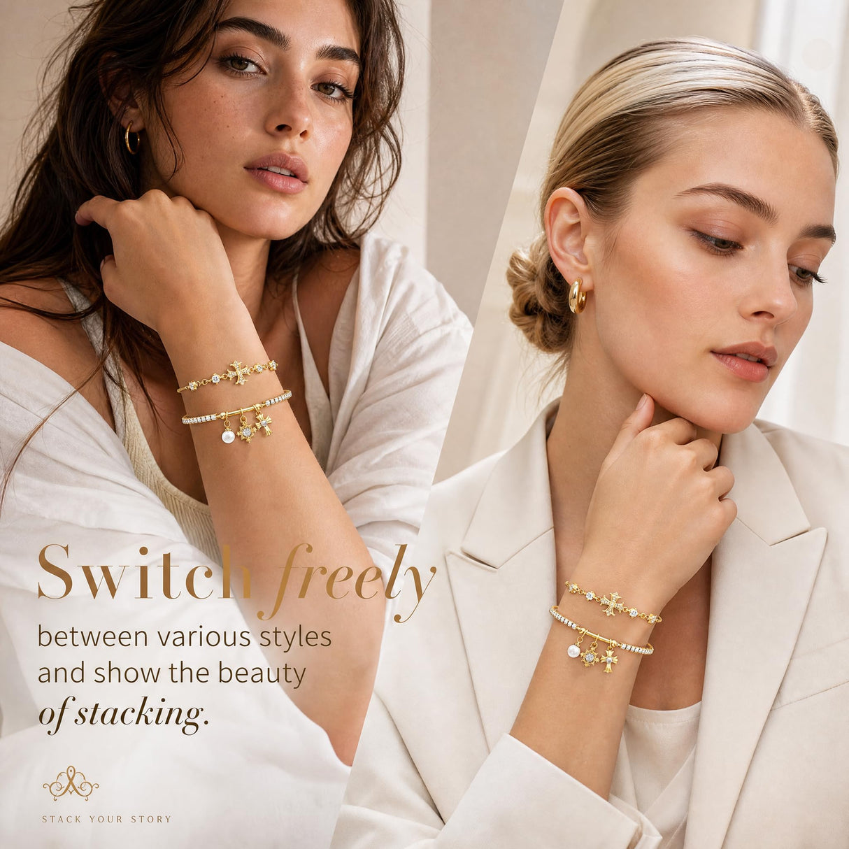 14K Gold Bracelet for Women | Cross Charm, Adjustable Slider-2Pcs