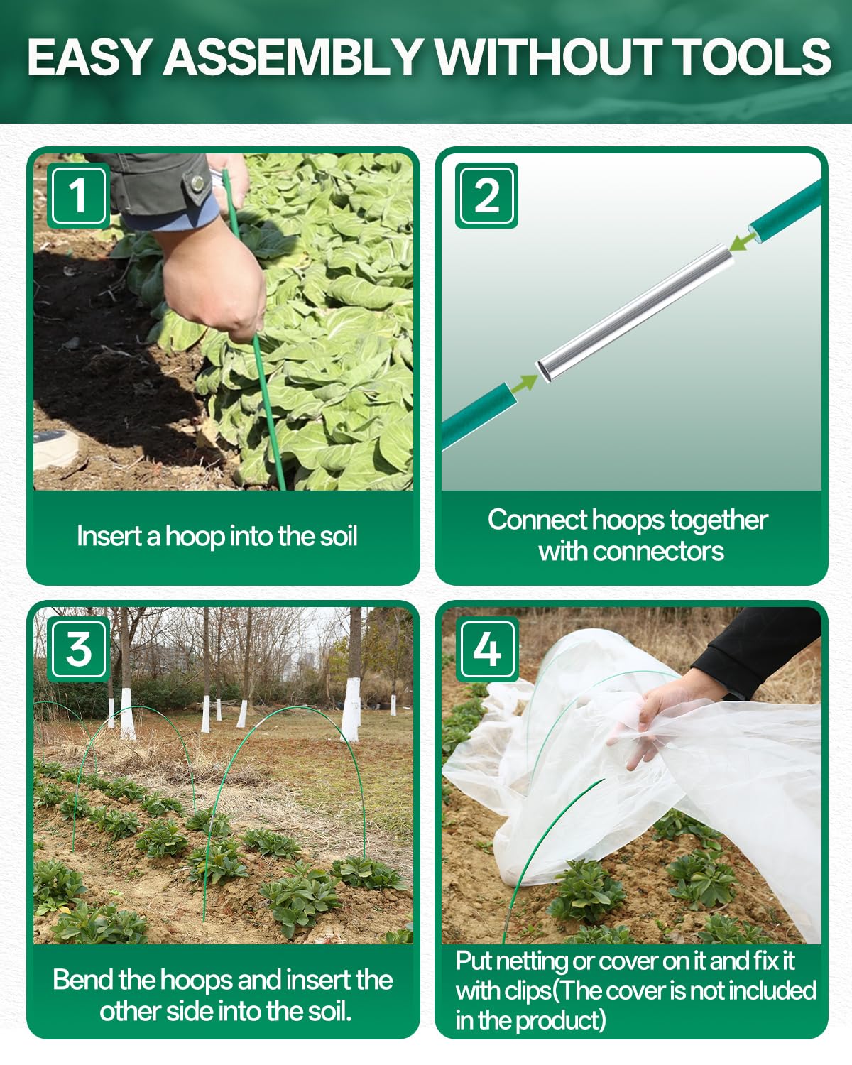 50 PCS Rust-Free Garden Hoops for Raised Beds With Garden Netting Clips