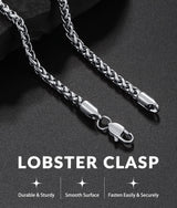 Jewlpire Silver Chain for Men, 4mm Wheat Chain Necklace Stainless Steel Necklaces Chains for Men, Mens Necklaces 20 Inch