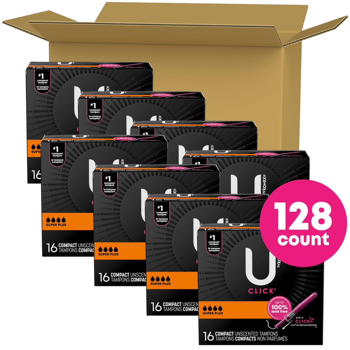 U by Kotex Click Compact Tampons, Super Plus Absorbency, Unscented, 128 Count (8 Packs of 16) (Packaging May Vary)